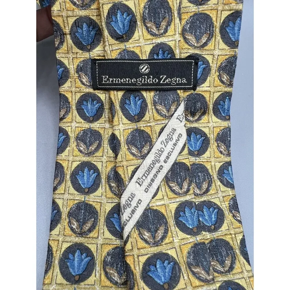 Ermenegildo Zegna Silk Tie Gold Blue Geometric‎ Floral Medallion Made in Italy