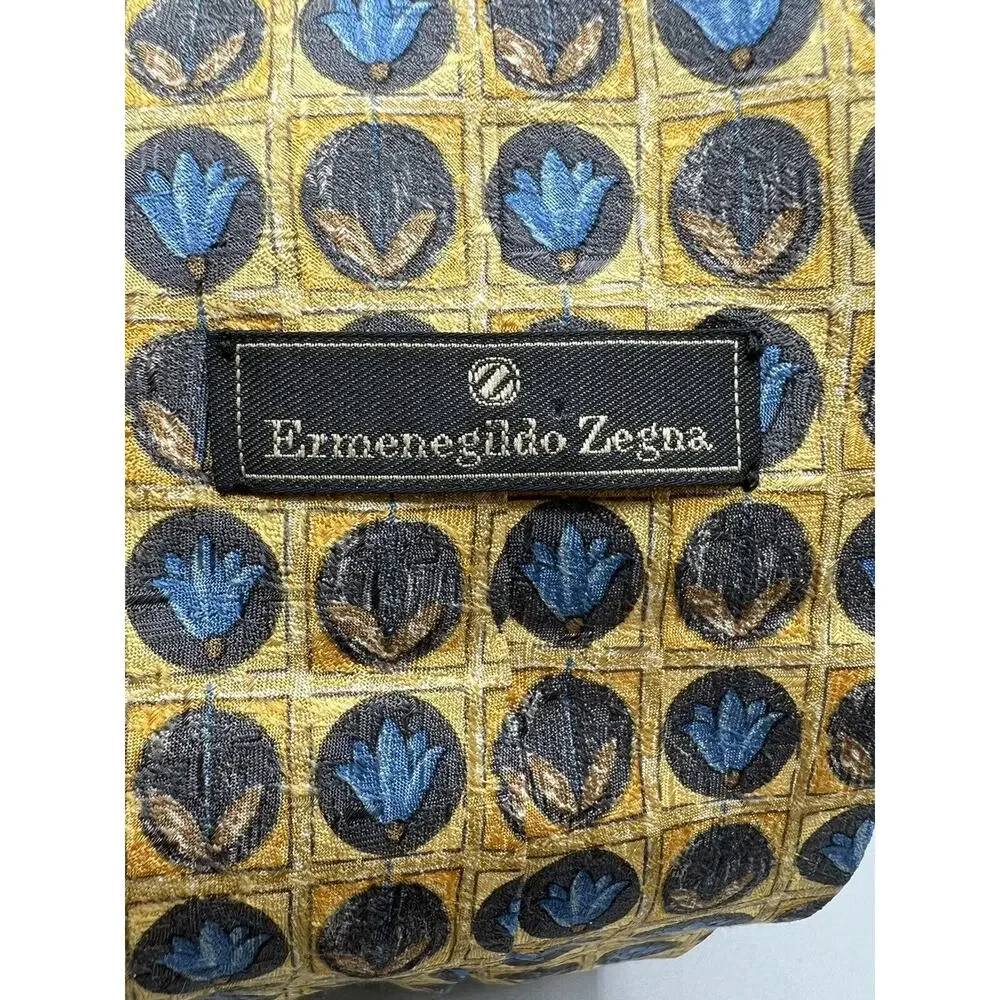 Ermenegildo Zegna Silk Tie Gold Blue Geometric‎ Floral Medallion Made in Italy