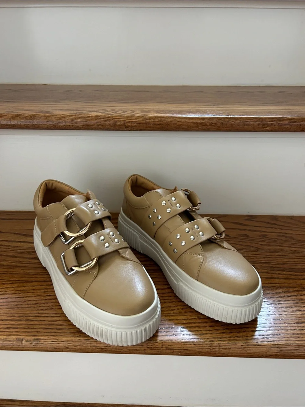 J/Slides Tan Platform Sneakers with Studded Straps