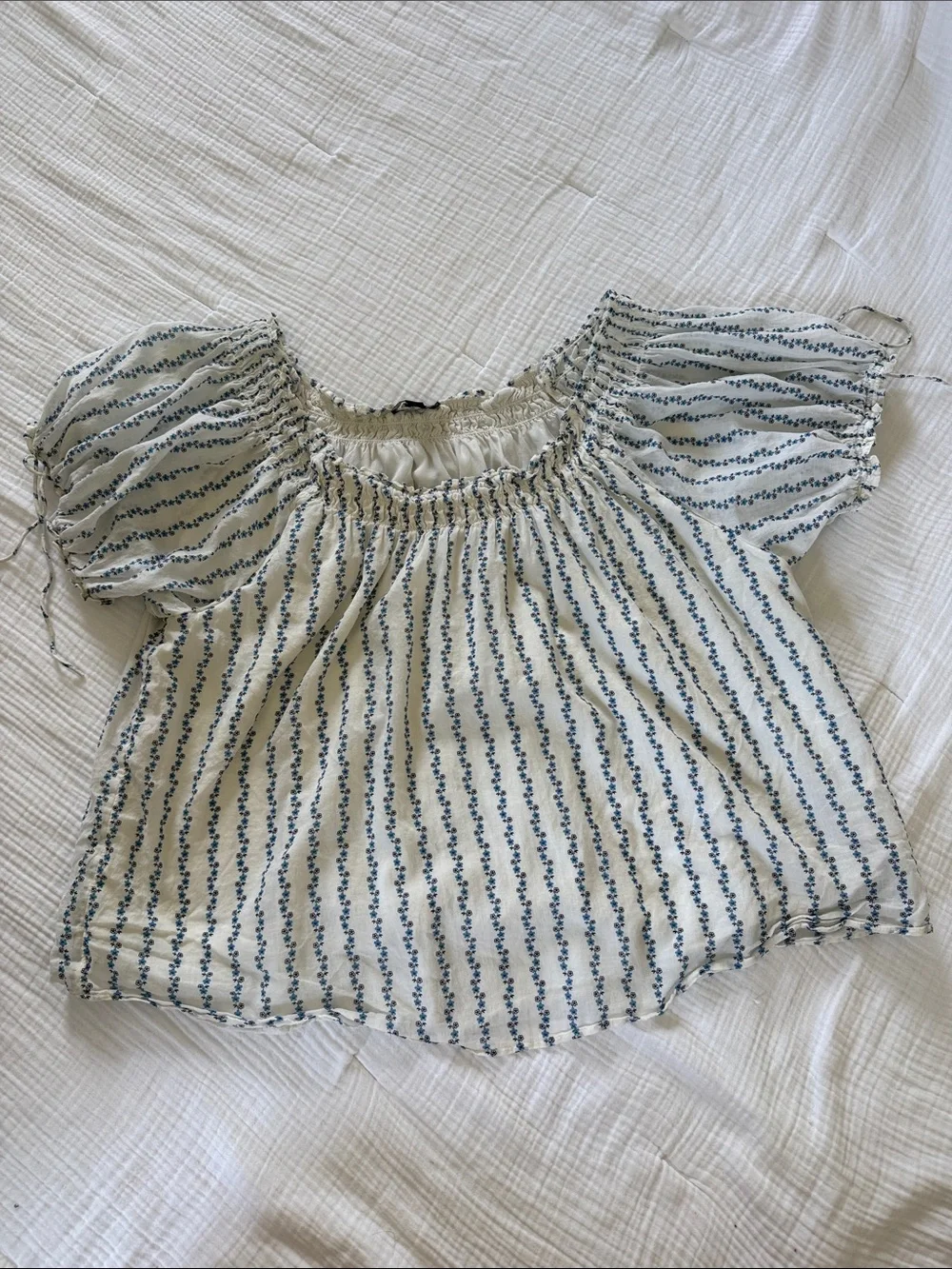 J.Crew Smocked Ruffle Trim Top in Blue Daisy