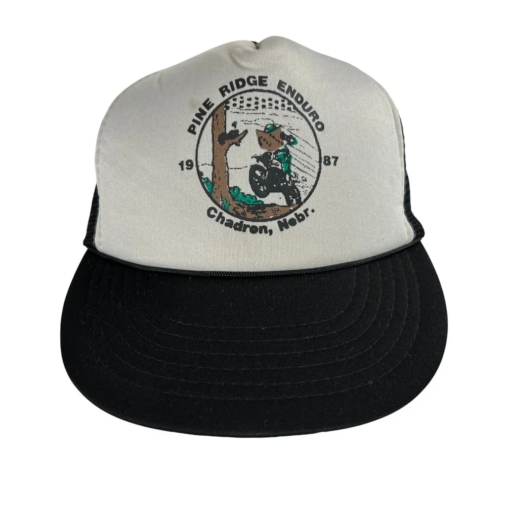 Vintage 1987 Pine Ridge Enduro Trucker Hat Black Motocross Racing Mesh Snapback