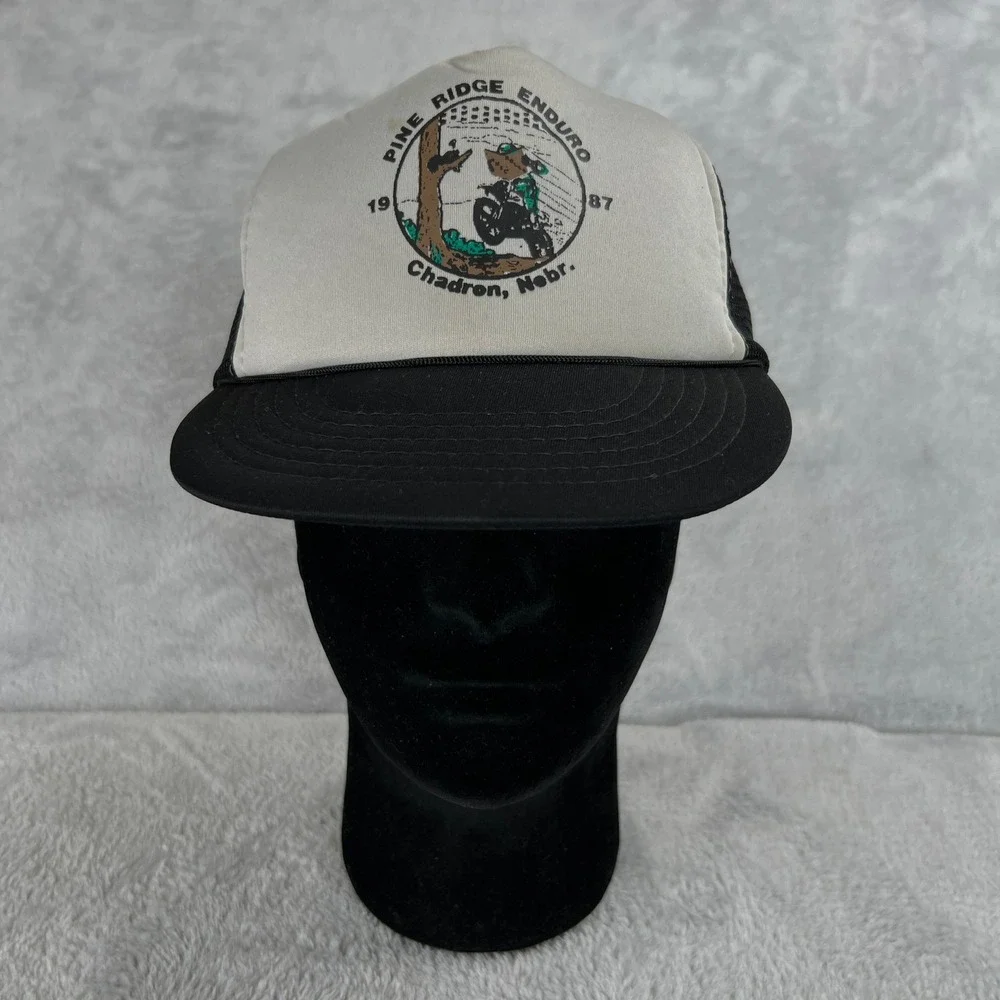 Vintage 1987 Pine Ridge Enduro Trucker Hat Black Motocross Racing Mesh Snapback