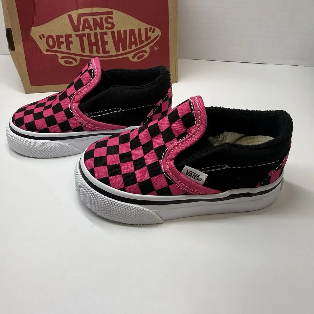 Vans Classic Slip-On Checkerboard Skate Shoe Black / Pink Toddler Sz 4 New