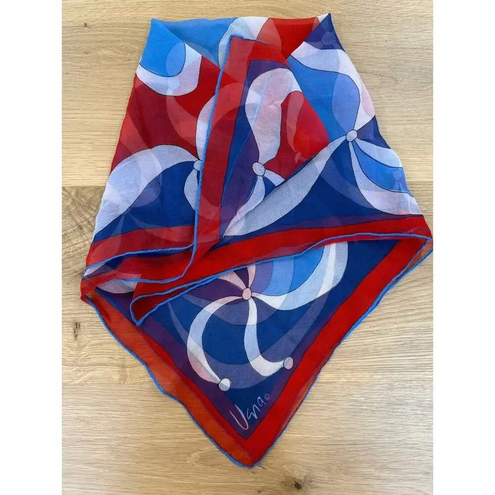 Vintage Vera Neumann Signed Silk Chiffon Scarf Psychedelic Swirl Red Blue White⁠