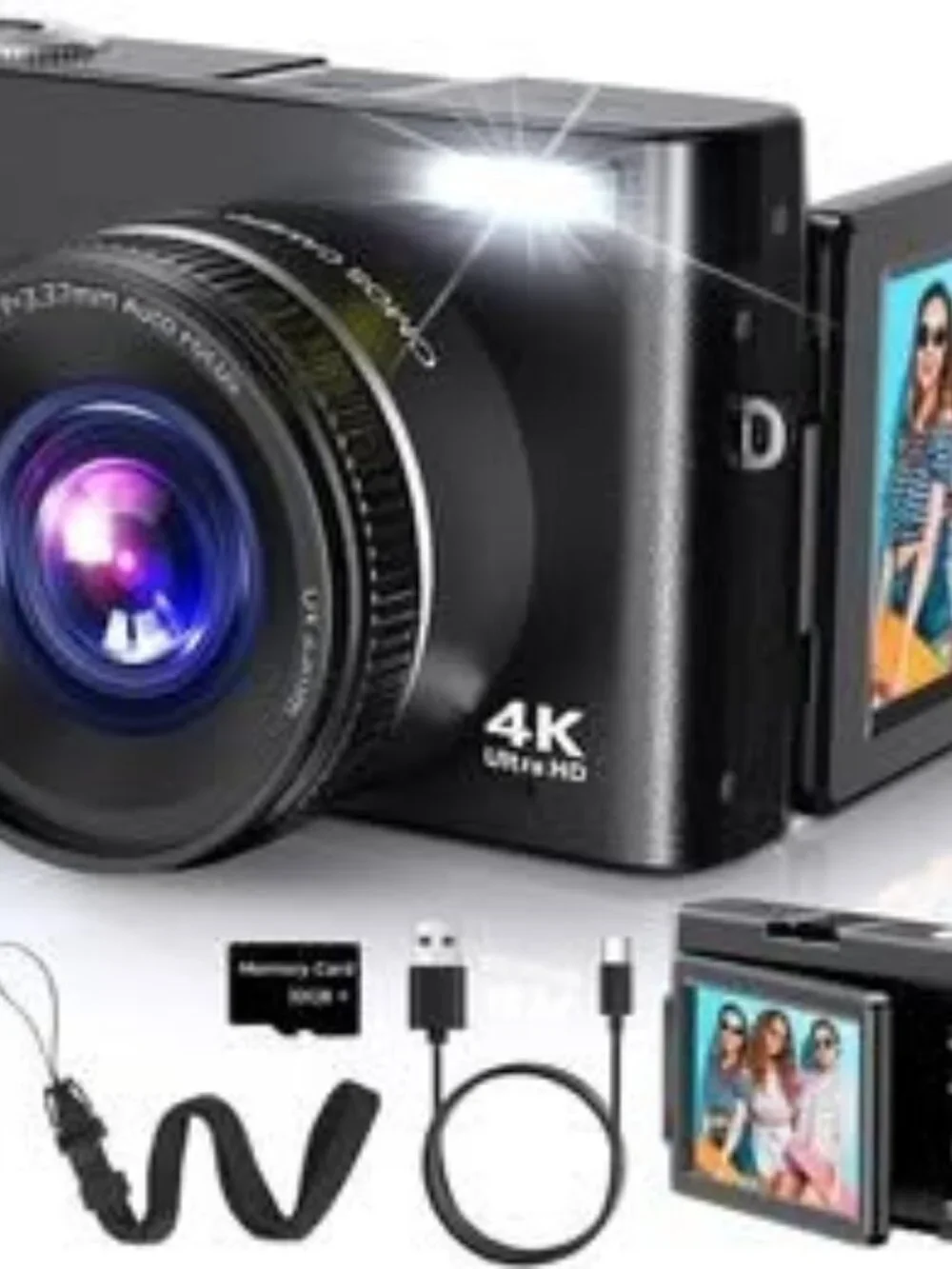 4K Digital Camera 48MP Autofocus Vlogging Camera with Flip Screen, SD Card & 2 B