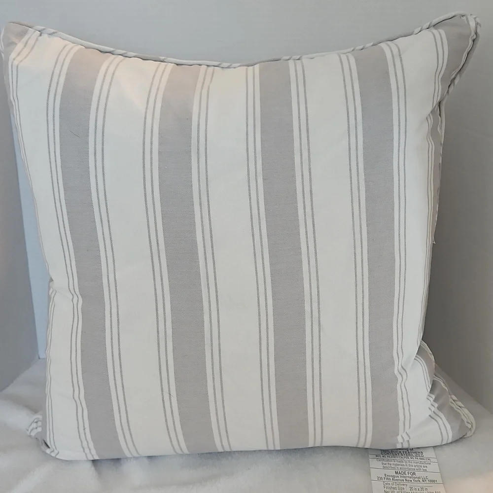 Envogue International NWT Striped Ticking TaupeGray & White Feather Décor Pillow