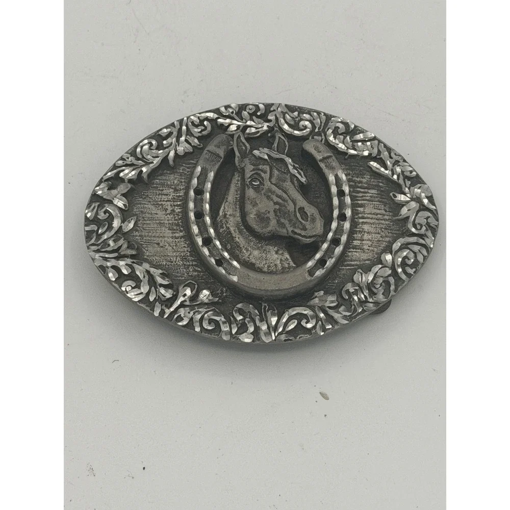 Vintage 1992 EGE Pewter Western Belt Buckle Horse Horseshoe Ornate Scroll USA