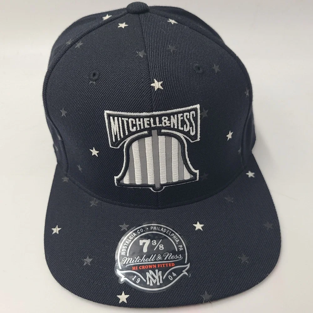 Mitchell & Ness Hat Fitted 7 3/8 Black Gray All‎ Over Print Stars Liberty Bell