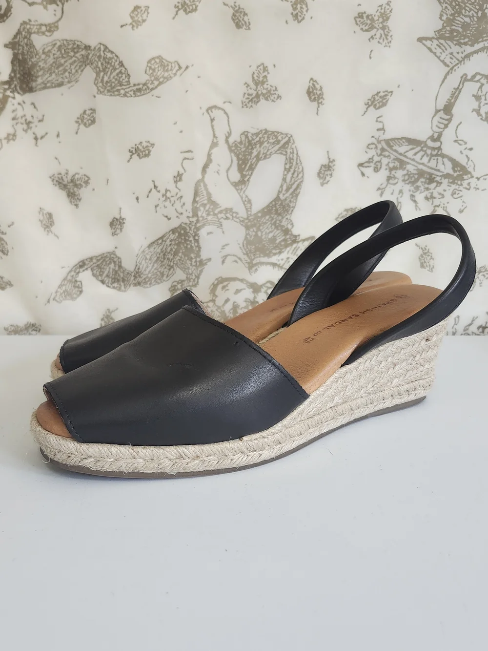 The Spanish Sandal Black Leather Espadrille Wedge Slingback Sandals 10.5/42