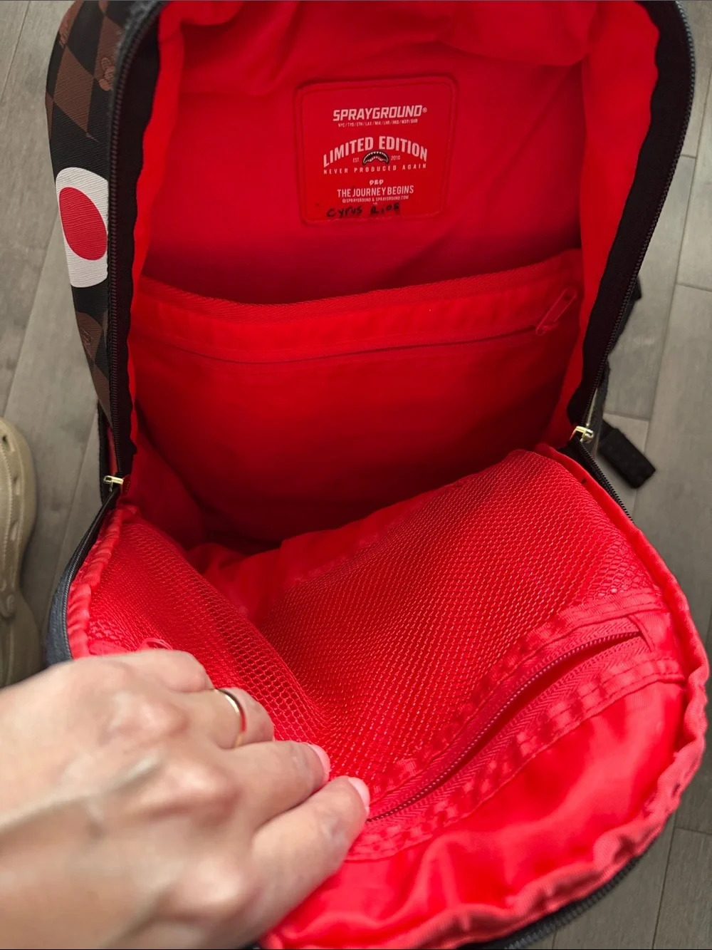 Sprayground Brown Checker Shark-Mouth Backpack with Red & White Accent