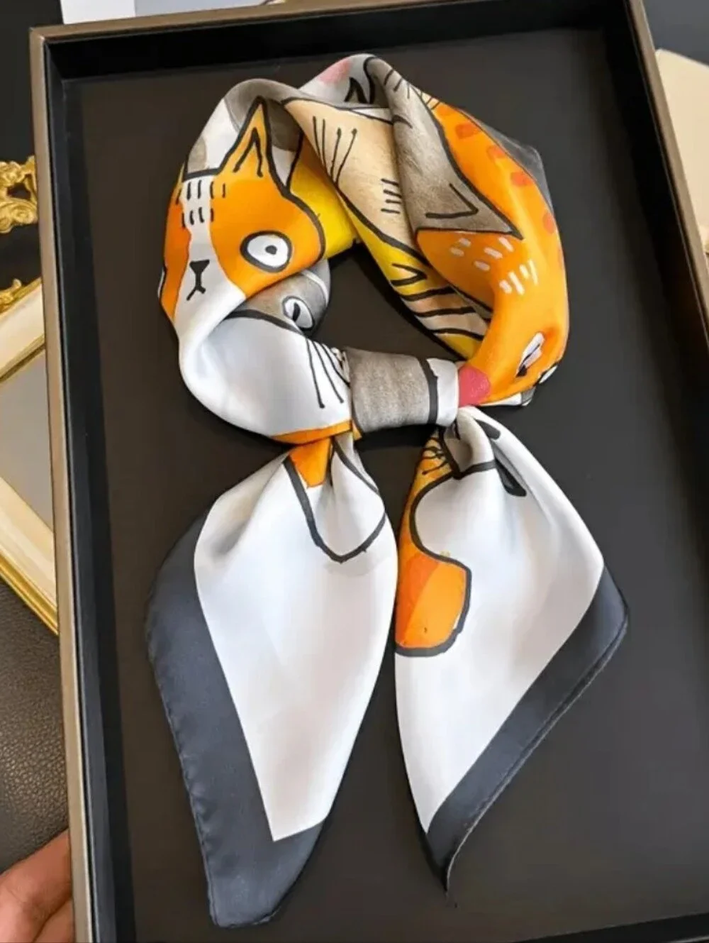 Silk-feel  White & Yellow Cat Print  Scarf Head Scarf , Neck Scarf