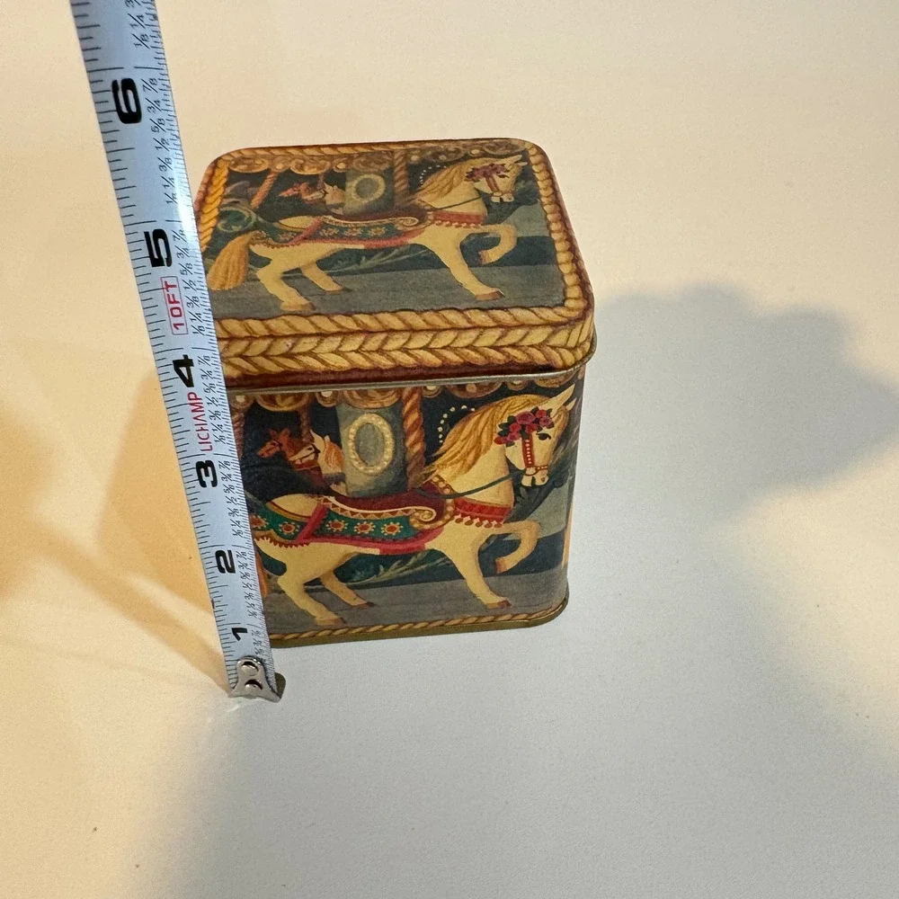 Vintage Carousel Horse Decorative Metal Tin Square Storage Container Carnival