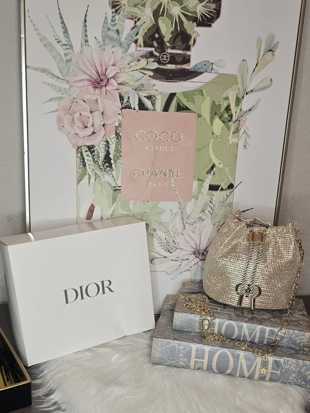 Gwp Christian Dior Gold Metallic Drawstring Bucket Bag With Box