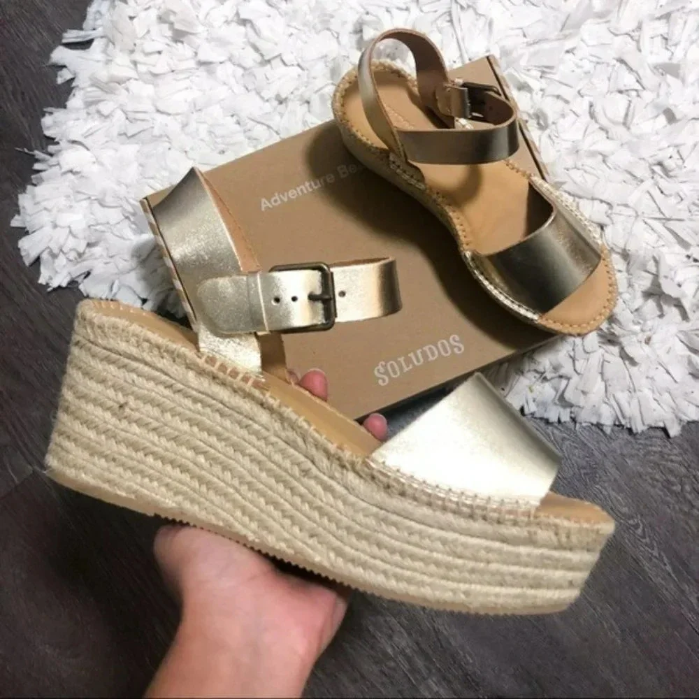 Anthro Soludos Platform Gold Leather Espadrille 10