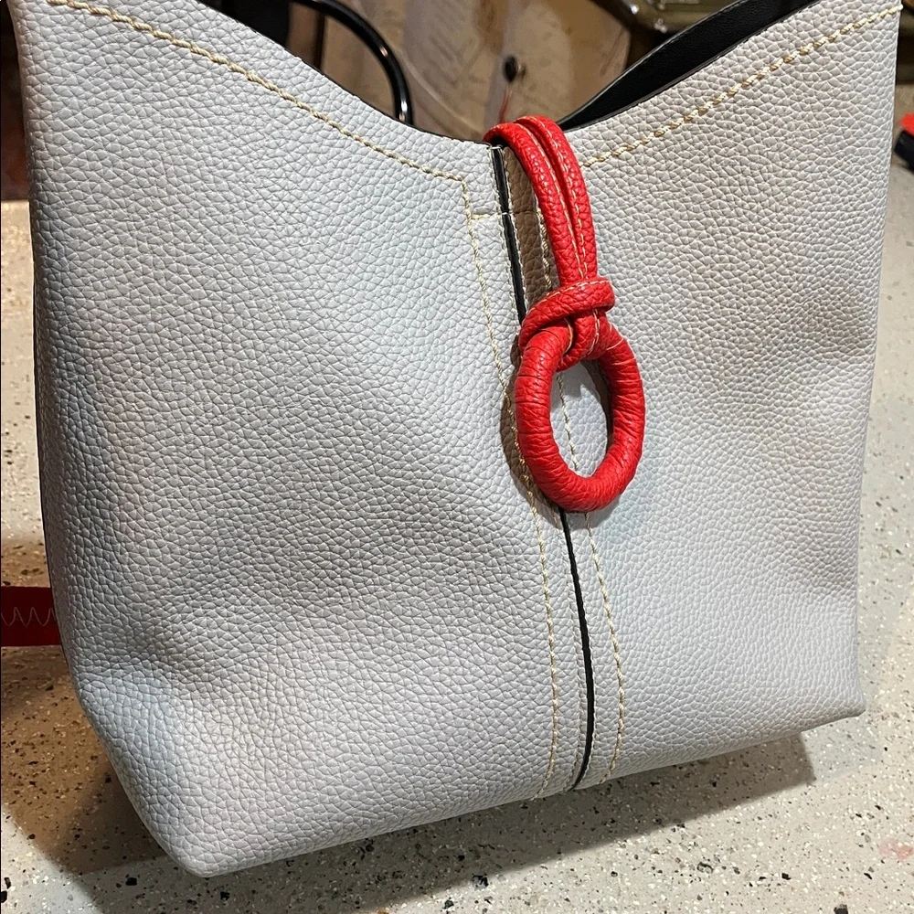2 IN ONE BAG PEBBLED VEGAN LEATHER HOBO BAG AND MATCHING POUCH TWO TONE GRAY RED