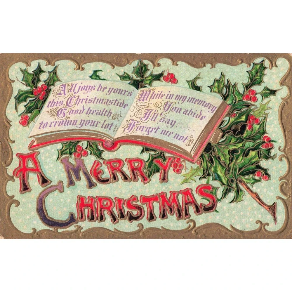 Antique Christmas Postcard Embossed Holly Book Jackson MI Franklin Stamp 1911