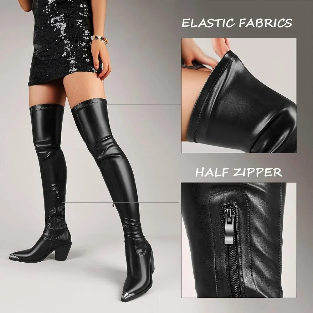 Women Black Synthetic Thigh High Slim Calf Block Chunky Heel Pointed Toe Boots