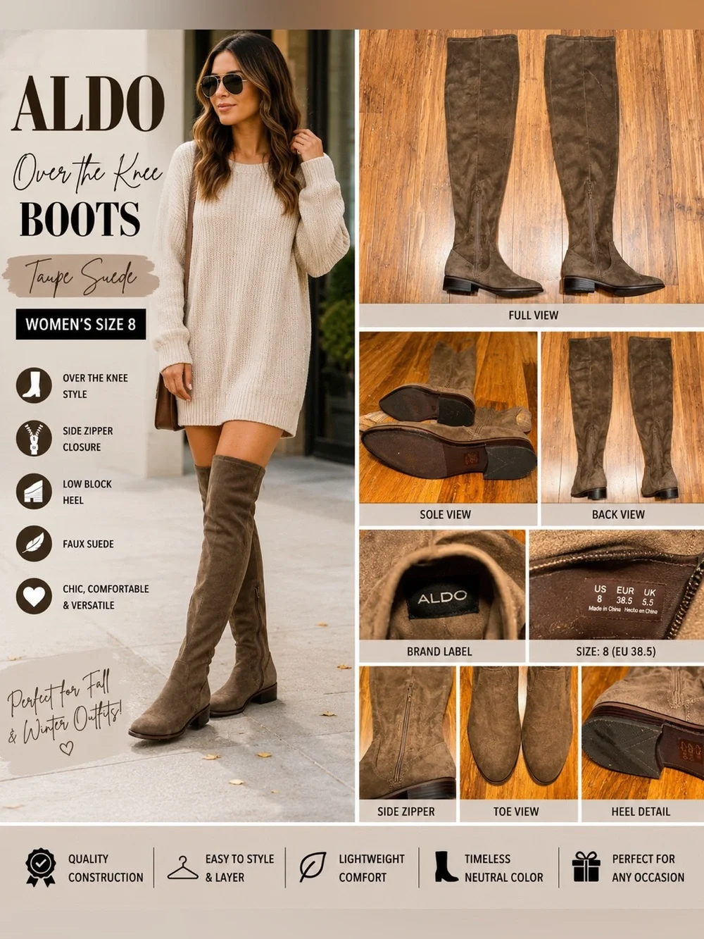 ALDO Taupe Faux Suede Over the Knee Boots Women’s Size 8