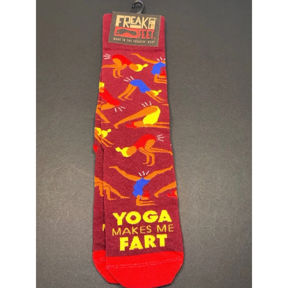 Freaker Feet Yoga Makes Me Fart Novelty Crew Socks Burgundy Red Made in USA NEW