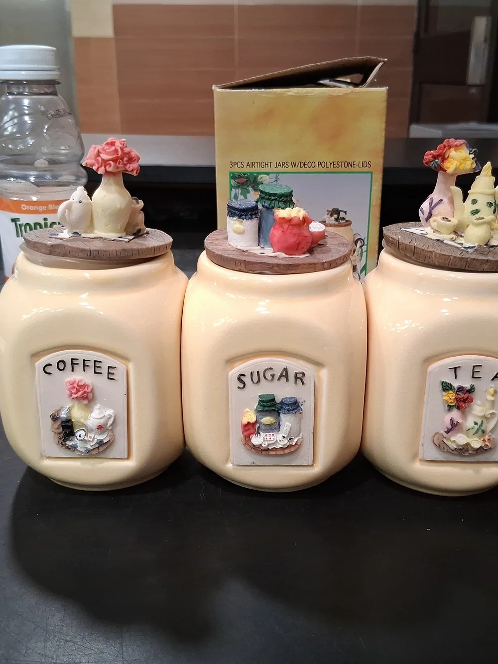Cream Ceramic Sugar, Coffee & Tea Canister Set with Decorative Lids