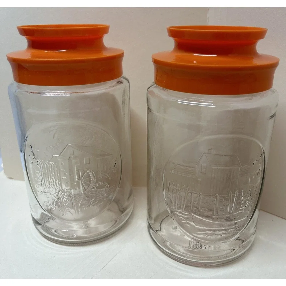 Vintage Glass Canisters Orange Lid‎ Tang Anchor Hocking Wharf And Wheel House 7