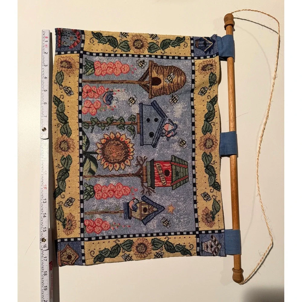 Vintage Style Woven Tapestry Wall Hanging Birdhouse Sunflower Garden Decor 18x13