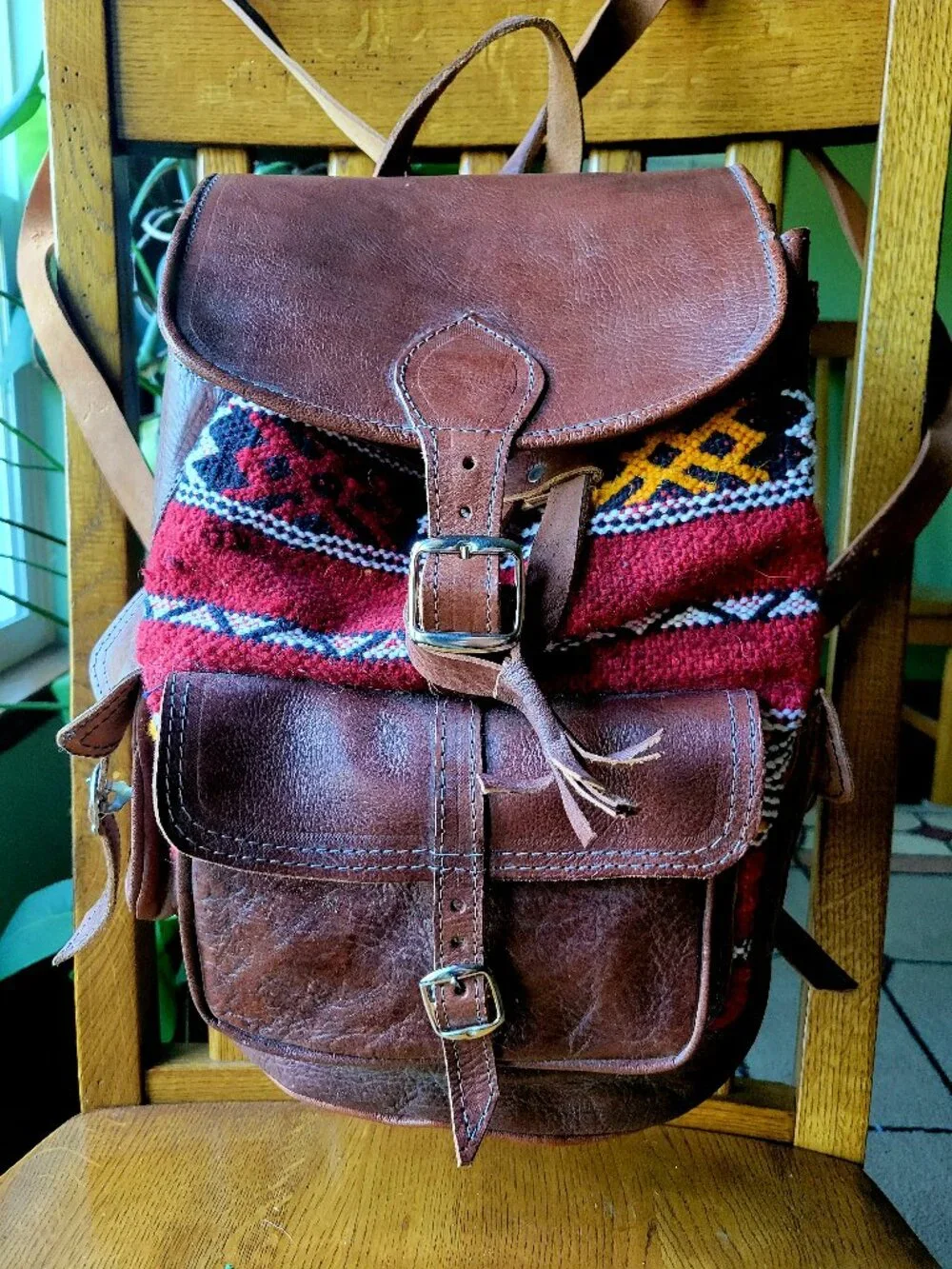 Handcrafted Moroccan Leather Kilim Rucksack Backpack Handwoven Tapestry 13”x10”