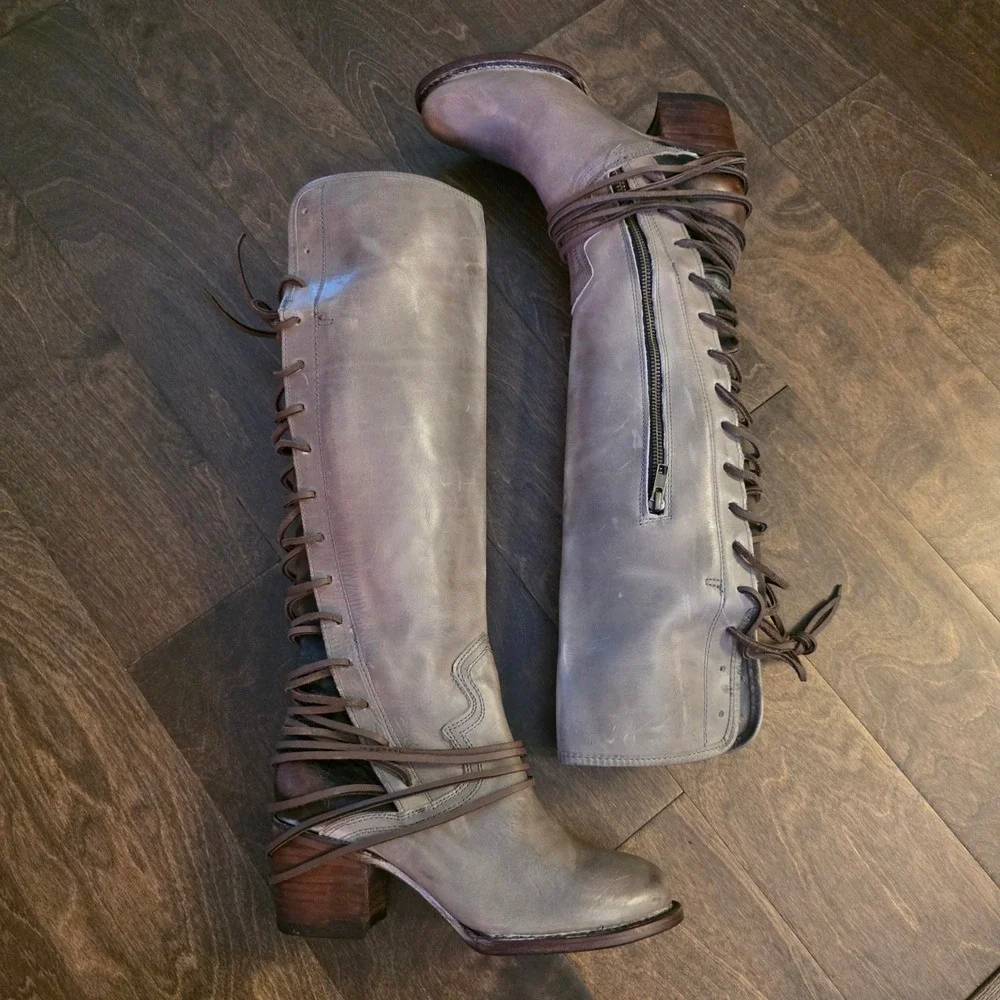 Freebird Coal knee high leather lace up distressed boots size 8