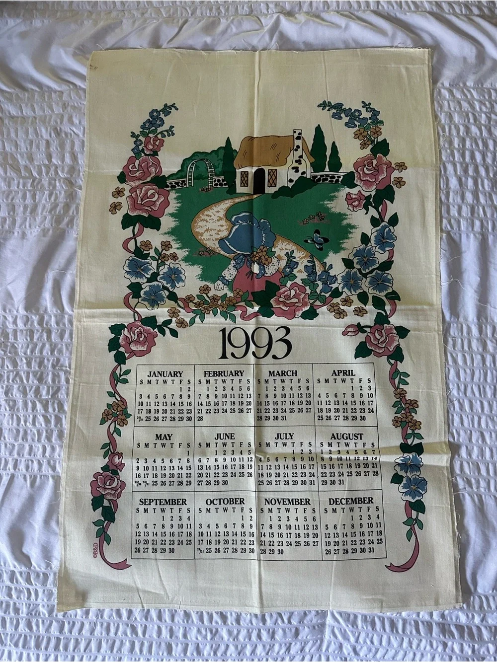 1993 Floral Calendar Tea Towel - Cream and Green