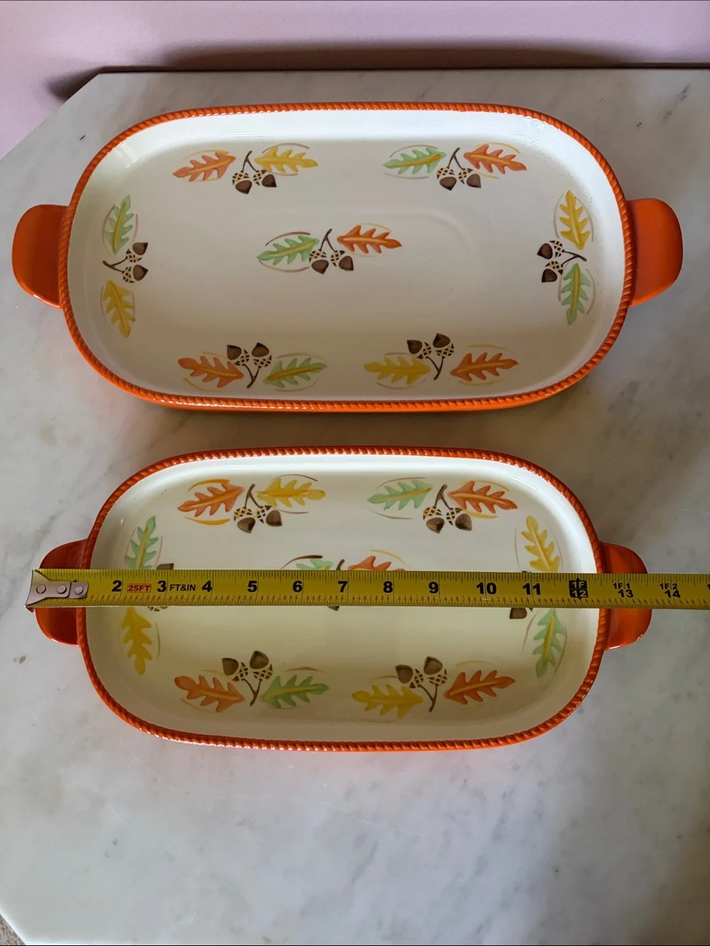 Temptations by Tara Ceramic Serving Trays in Orange with Autumn Leaf Accent