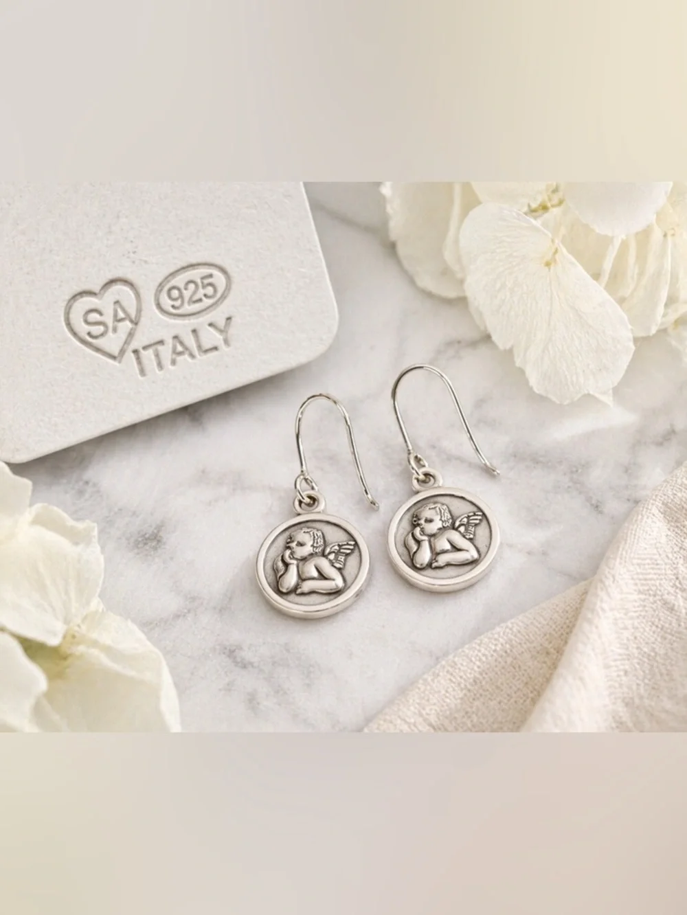 Italian 925 Sterling Silver Raphael Angel Cherub Drop Earrings
