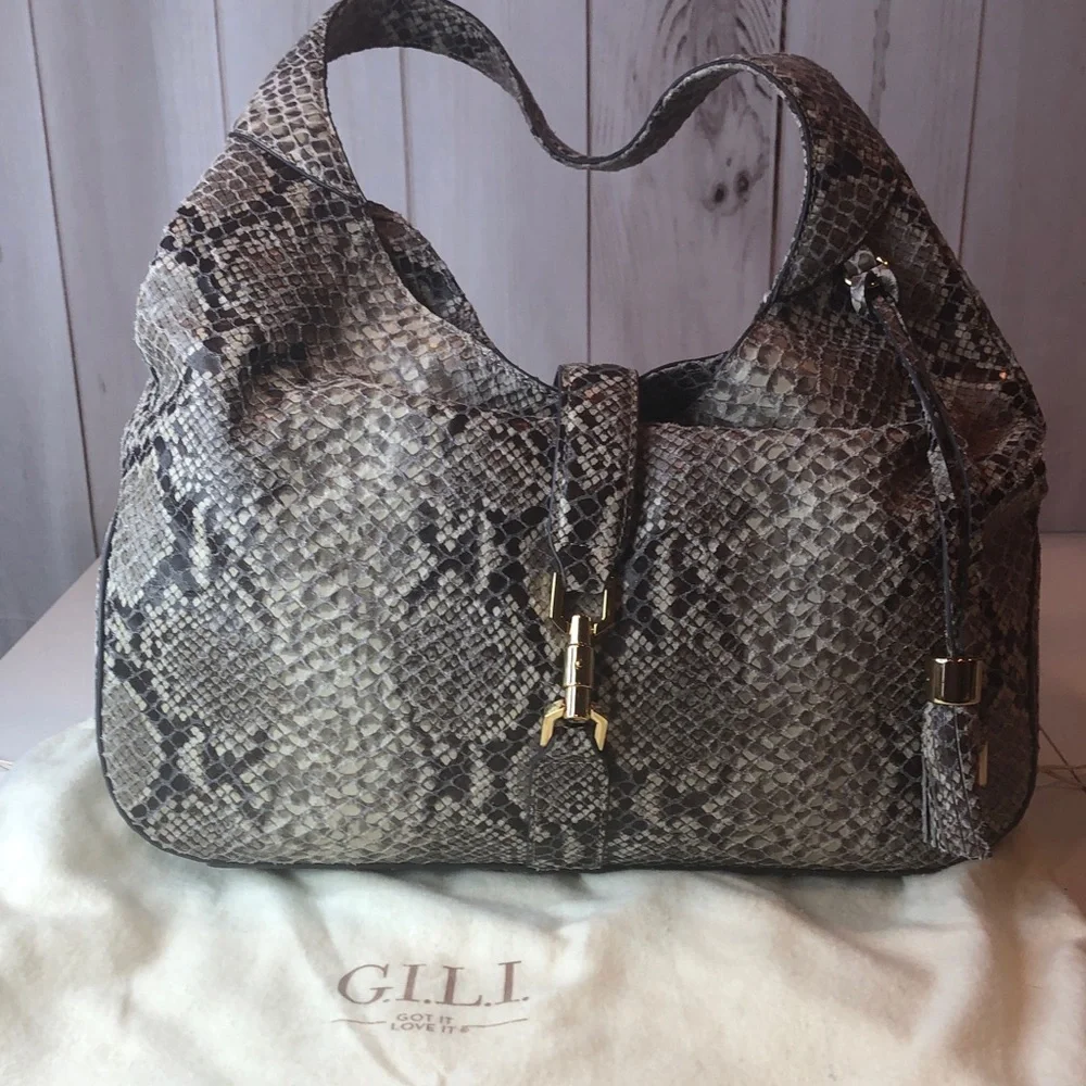 NWOT G.I.L.I. Soft Leather Python Print Large Hobo Shoulder Bag with Tassel