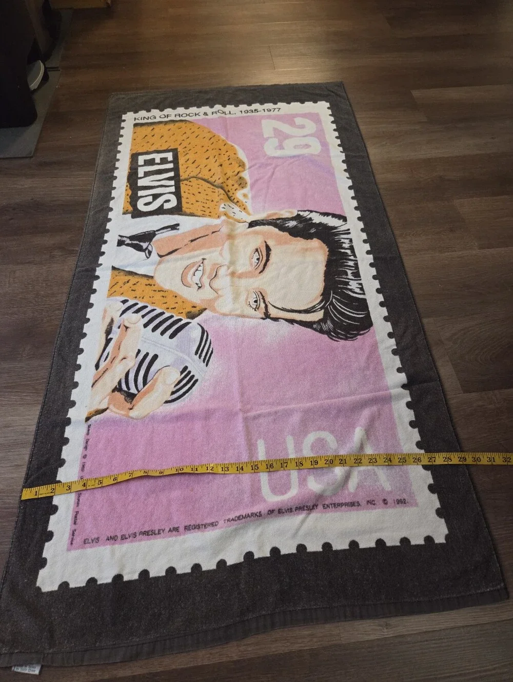 Vintage 1992 Elvis Presley Beach Towel 29 cent Postage Stamp Graphics