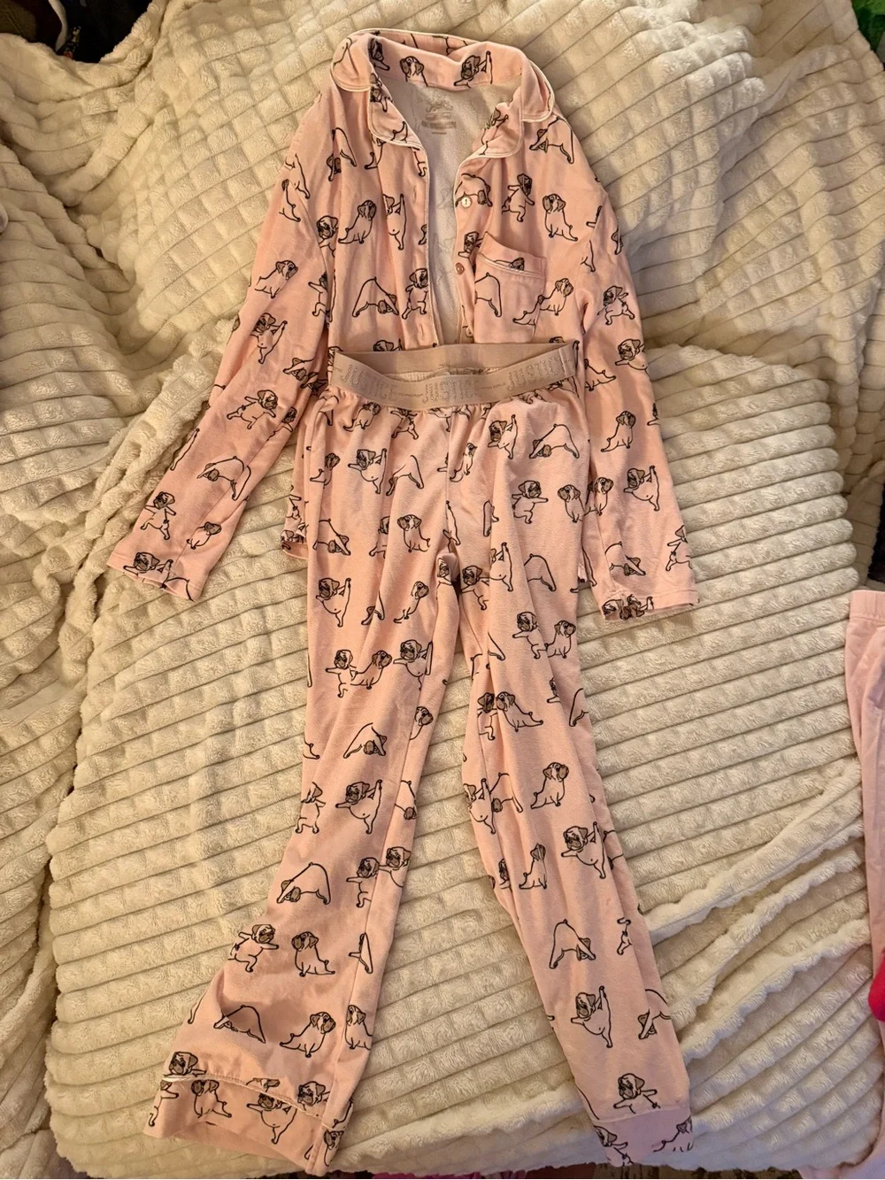 Justice Pink Puppy Print Pajama Set with Gold Elastic Waistband