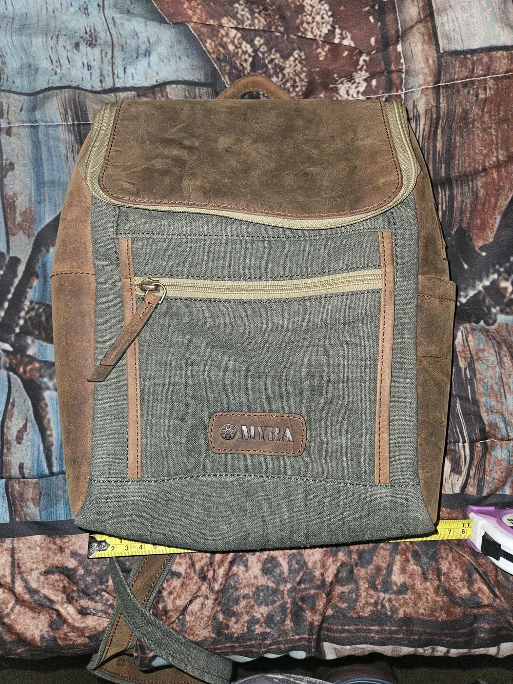 Myra Bag Olive Green Canvas Backpack with Brown Leather Trim