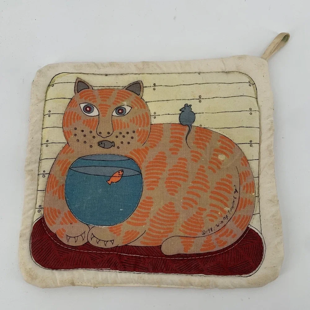 Vintage 1981 Winng Taylor Fry Cat Print Pot Holder Folk‎ Art Orange Tabby Mouse