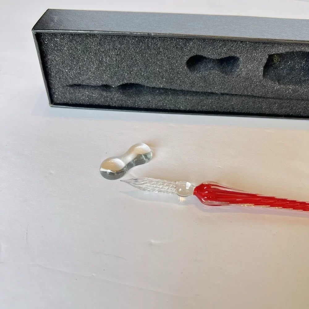 Hand Blown Red Glass Dip Pen Set with Rest and Box‎ Spiral Twisted Calligraphy
