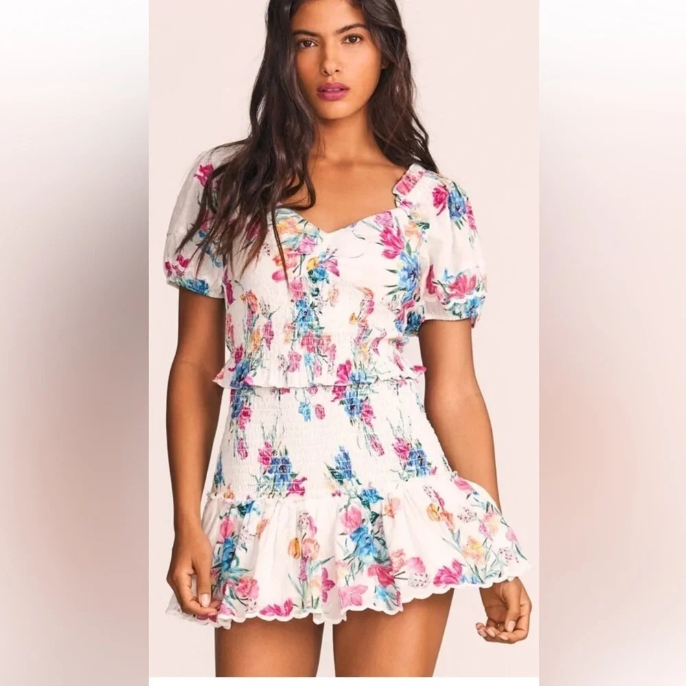 LoveShackFancy 100% Cotton JARRAH Coquette Fun Floral Short Dress Sz Small L#34