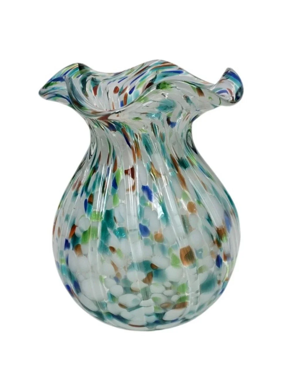 Hand Blown Art Glass Vase Ruffled Rim Confetti Frit Aqua Blue White 7.5