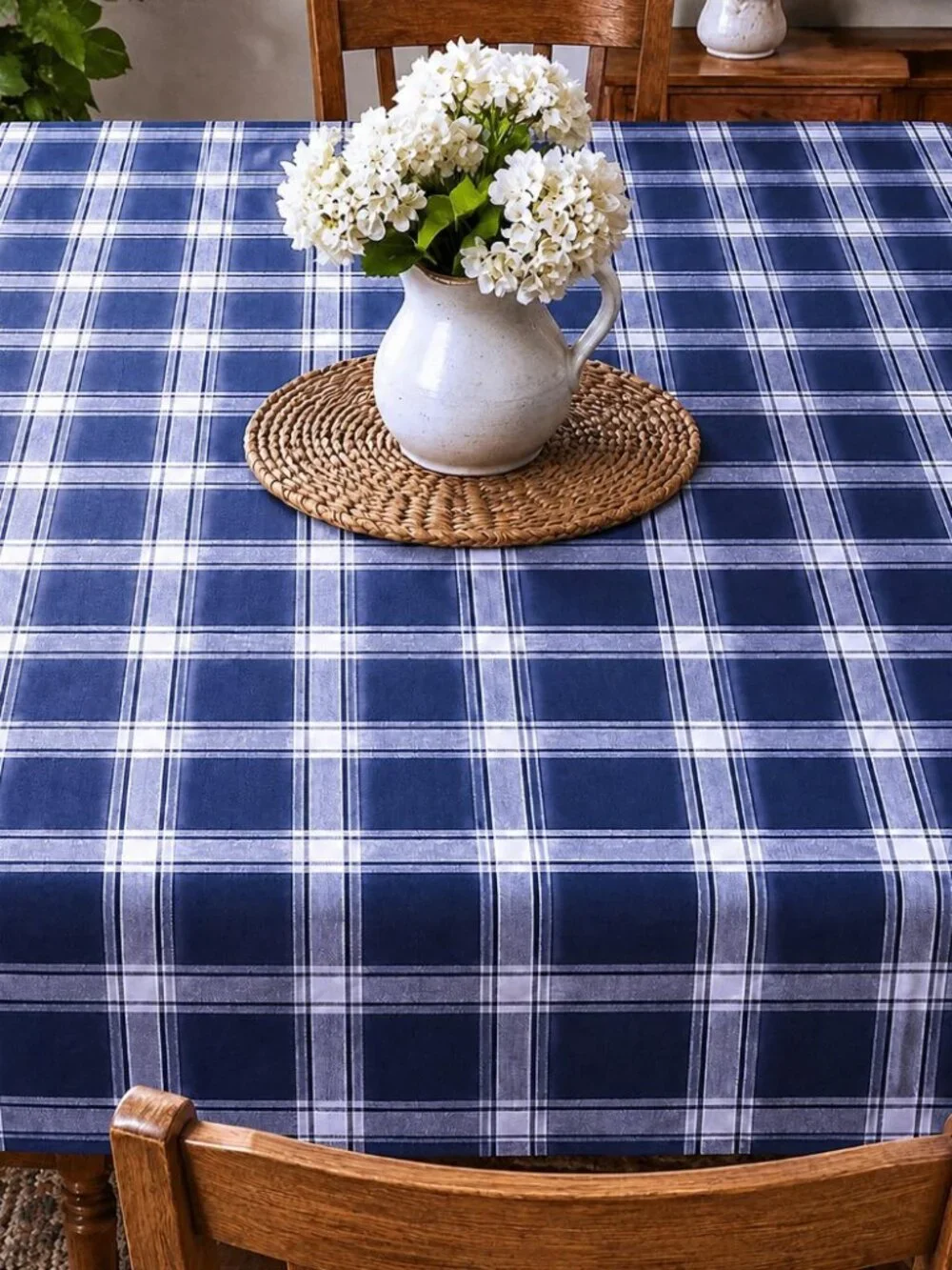 Buffalo Navy/White Checkered Cotton Bend Tablecloth 60x84 NEW
