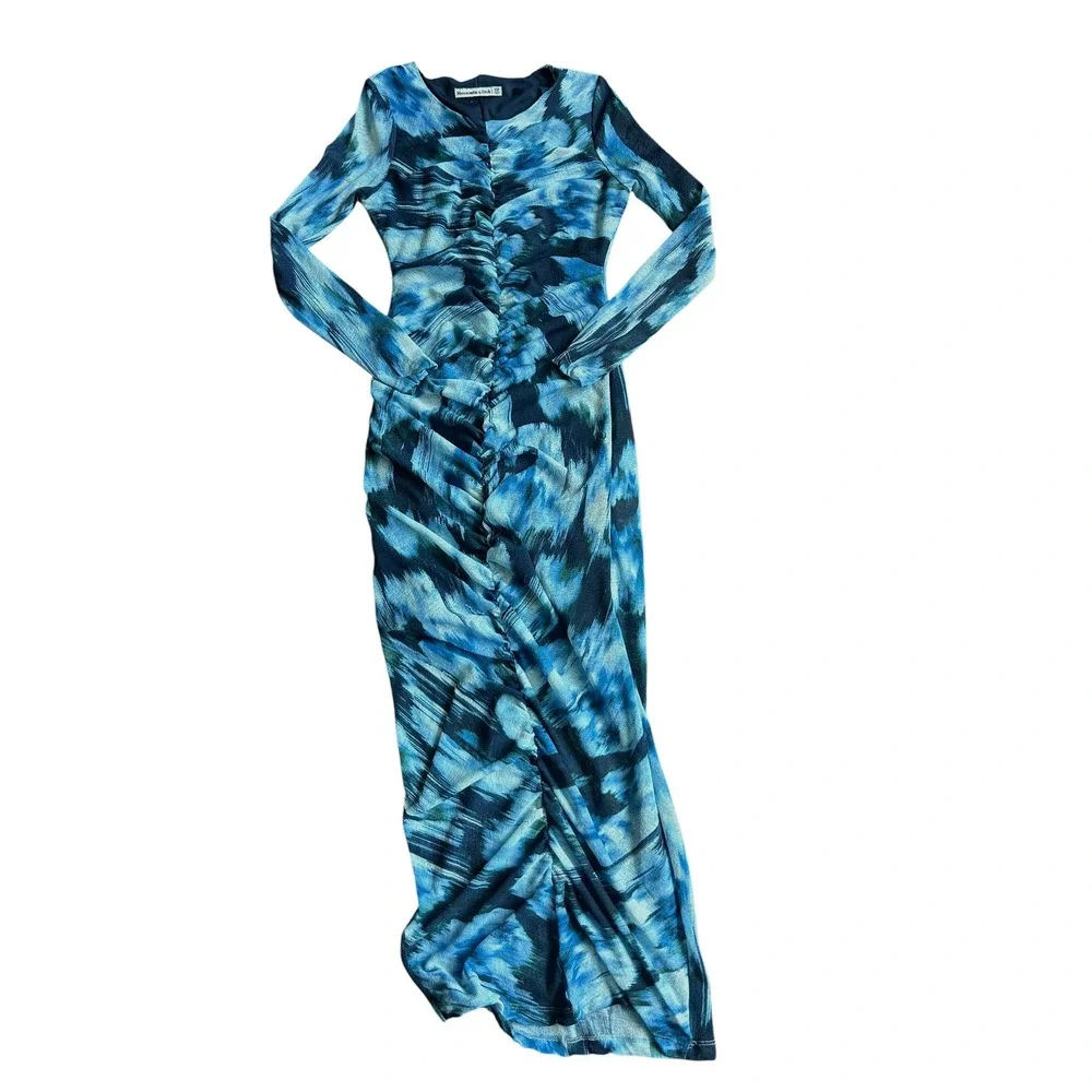 Abercrombie & Fitch Blue Abstract Ruched Long Sleeve Maxi Dress Womens‎ XSP