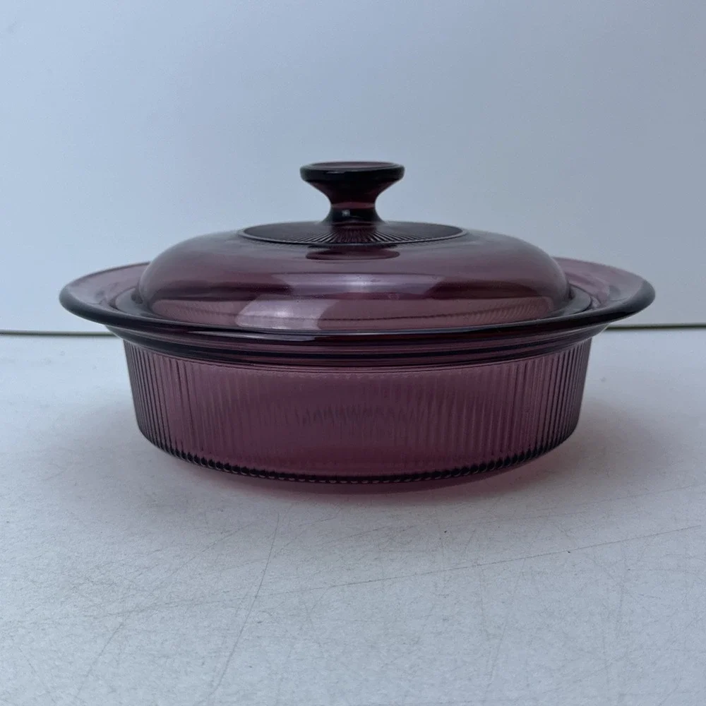 Vision V-32-B Cranberry 1.5 Qt Casserole Dish Corning Ware Glass Pyrex Lid USA