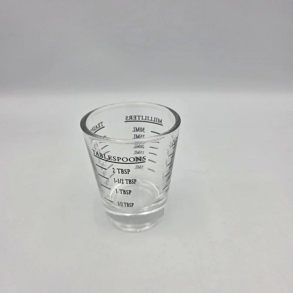 Measure Heavy Clear Shot Glass Black Measurement Markings Tbs. Tsp. ml. oz.