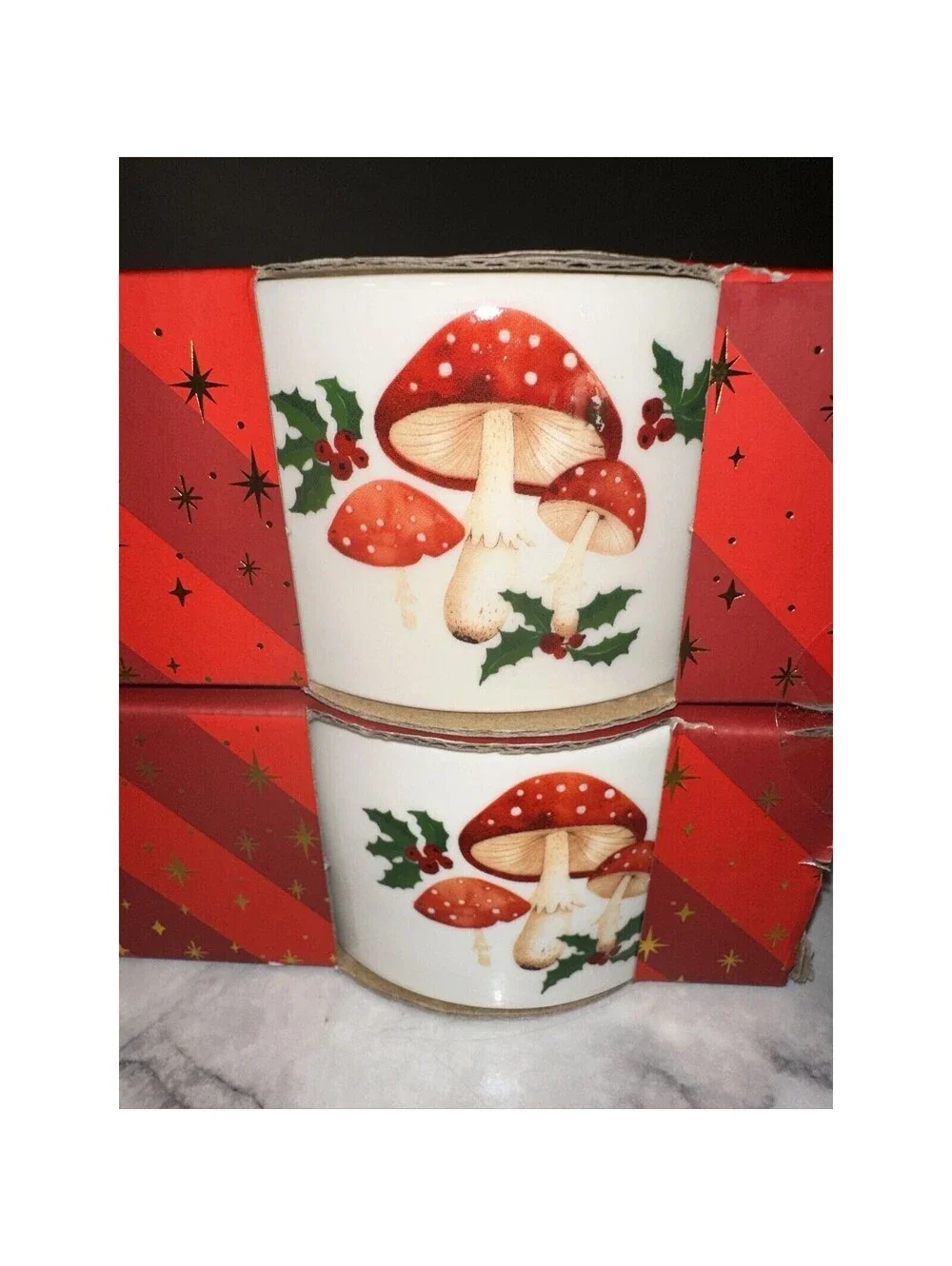 NEW 4 Ramekins The Bakeshop Ceramic Mushroom Holly Vintage Holiday Bowl Cup Dish