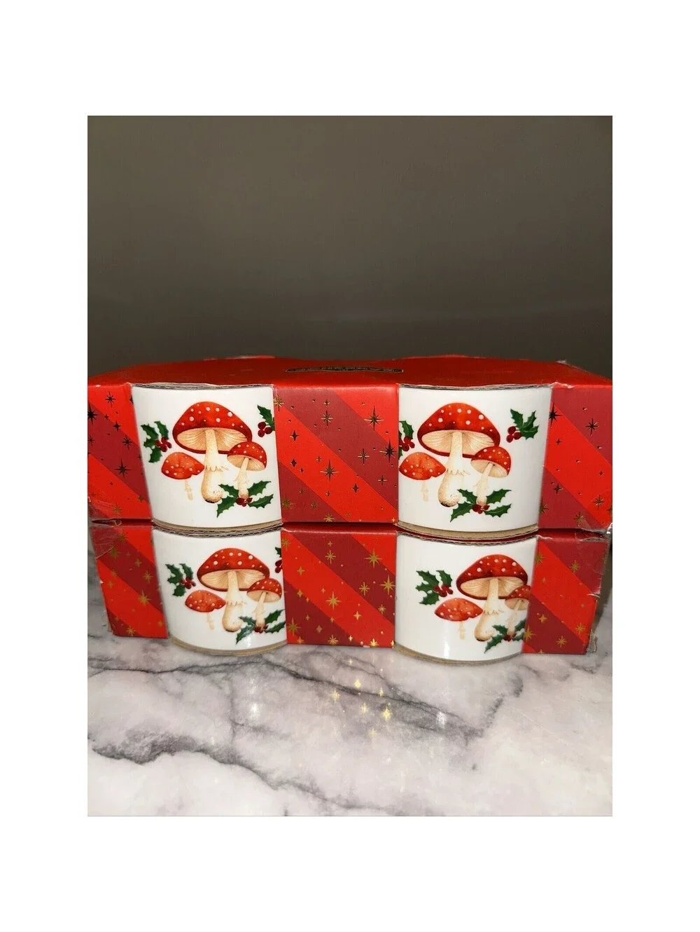 NEW 4 Ramekins The Bakeshop Ceramic Mushroom Holly Vintage Holiday Bowl Cup Dish