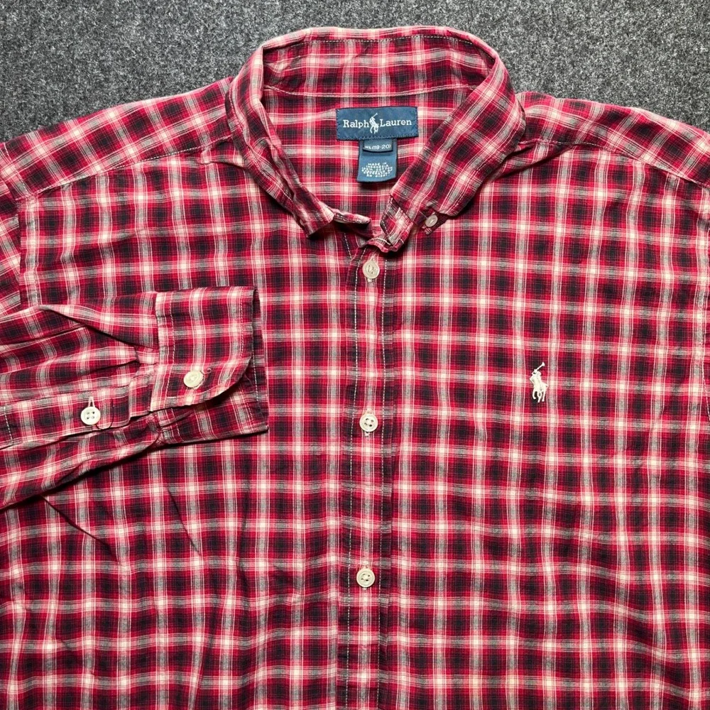 Ralph Lauren Button Down Shirt Kids XL‎ 18-20 Red Plaid Excellent Long Sleeve