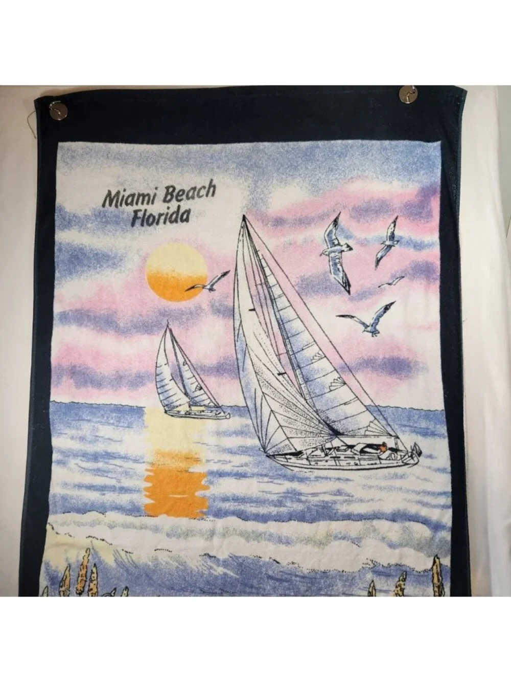 Vintage‎ Sherry Miami Beach Florida Sailboat Sunset Beach Towel Navy Blue 29x57