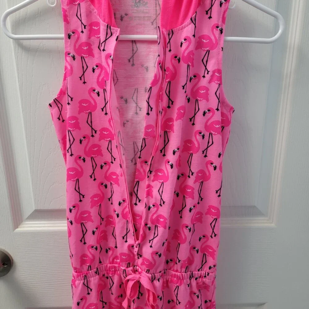 Justice Girls Graphic Hoodie Romper Pink Black Flamingos Sleepwear Size 10