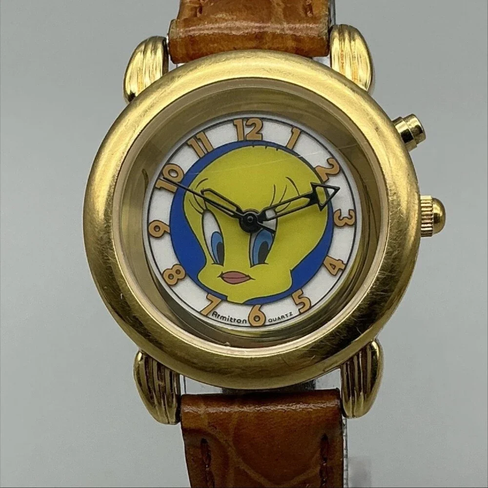 Vintage Armitron Tweety Bird Womens Watch 28mm Yellow Dial Leather New Battery