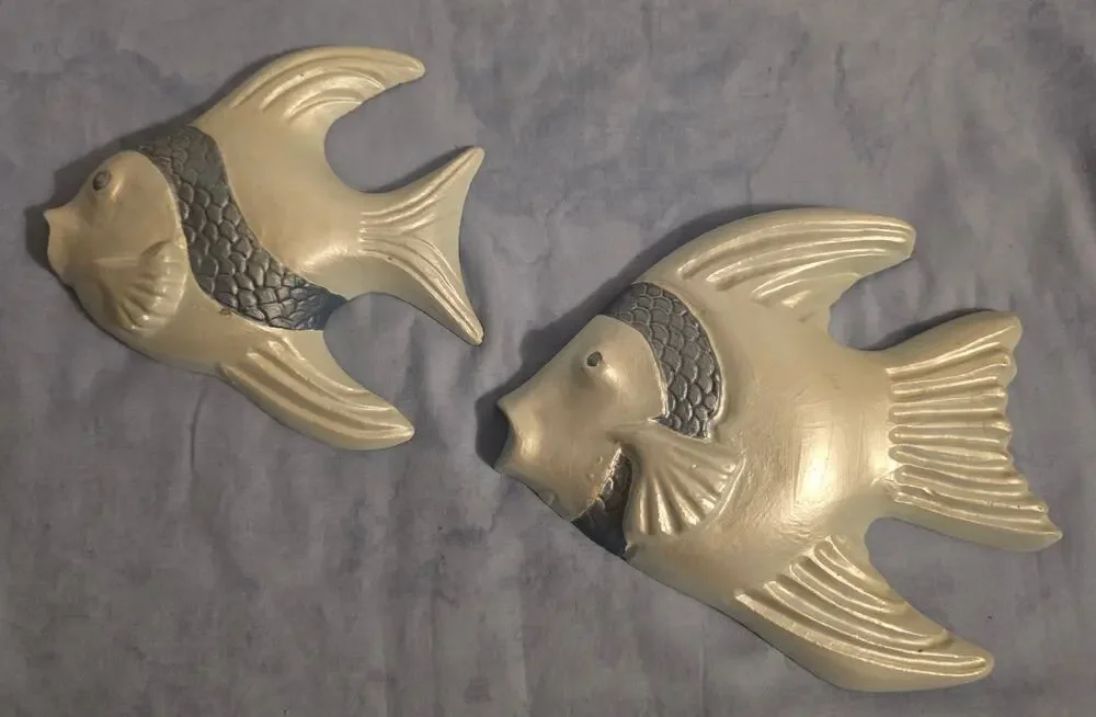 Vtg.  MCM Ceramic Mint Blue Pearl Angelfish Chalkware Set of 2